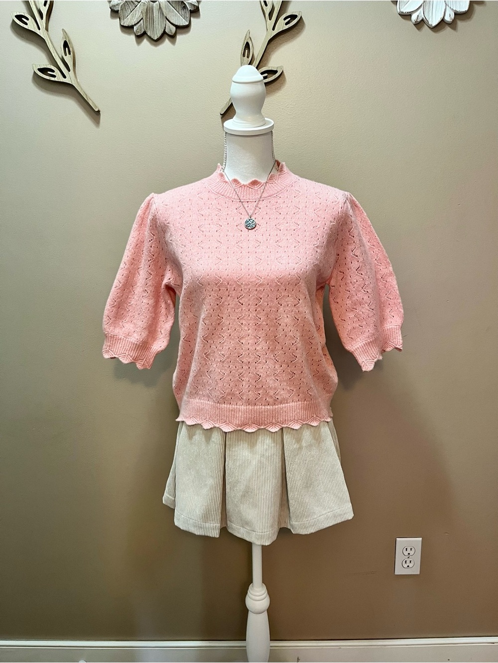 NWT MNK Delicate Pink Pointelle Knit Short-Sleeve Sweater Size Medium